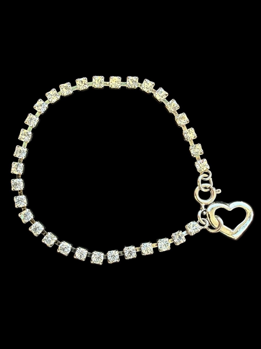 Dainty Silver-Tone Crystal Rhinestone Open Heart Charm Tennis Bracelet, 6-1/2”